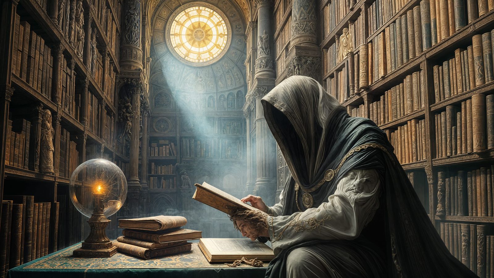 Spectral Scribe in Ethereal Library, Baroque Painting