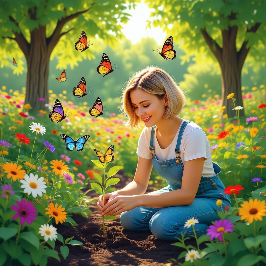 Butterflies in Garden with Woman Planting Flowers
