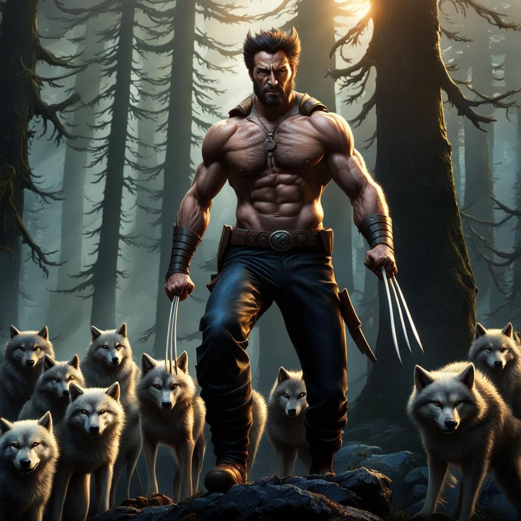 Wolverine and a Pack of Wolves