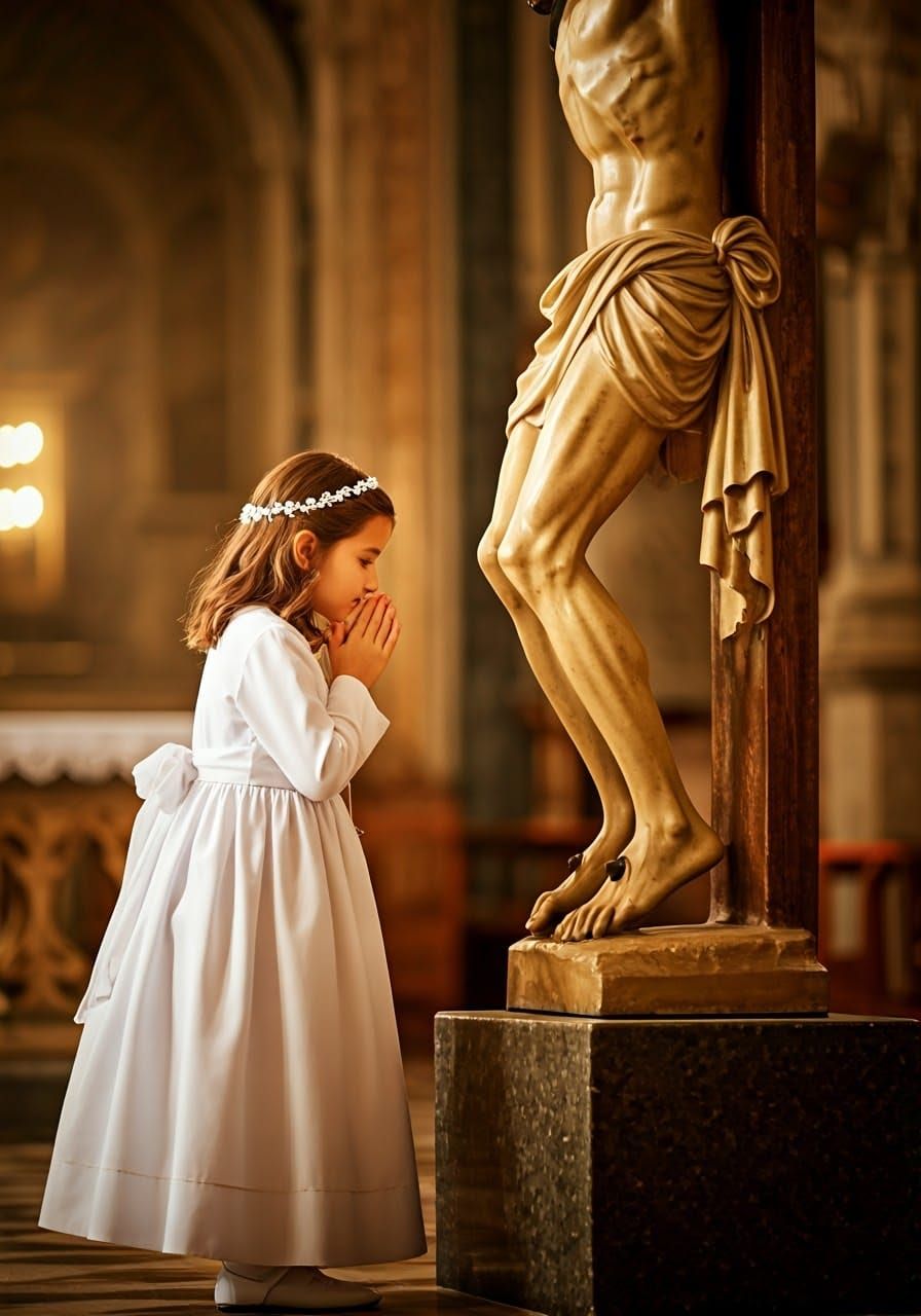Italian Girl in Devout Prayer Before a Grand Crucifix in the...