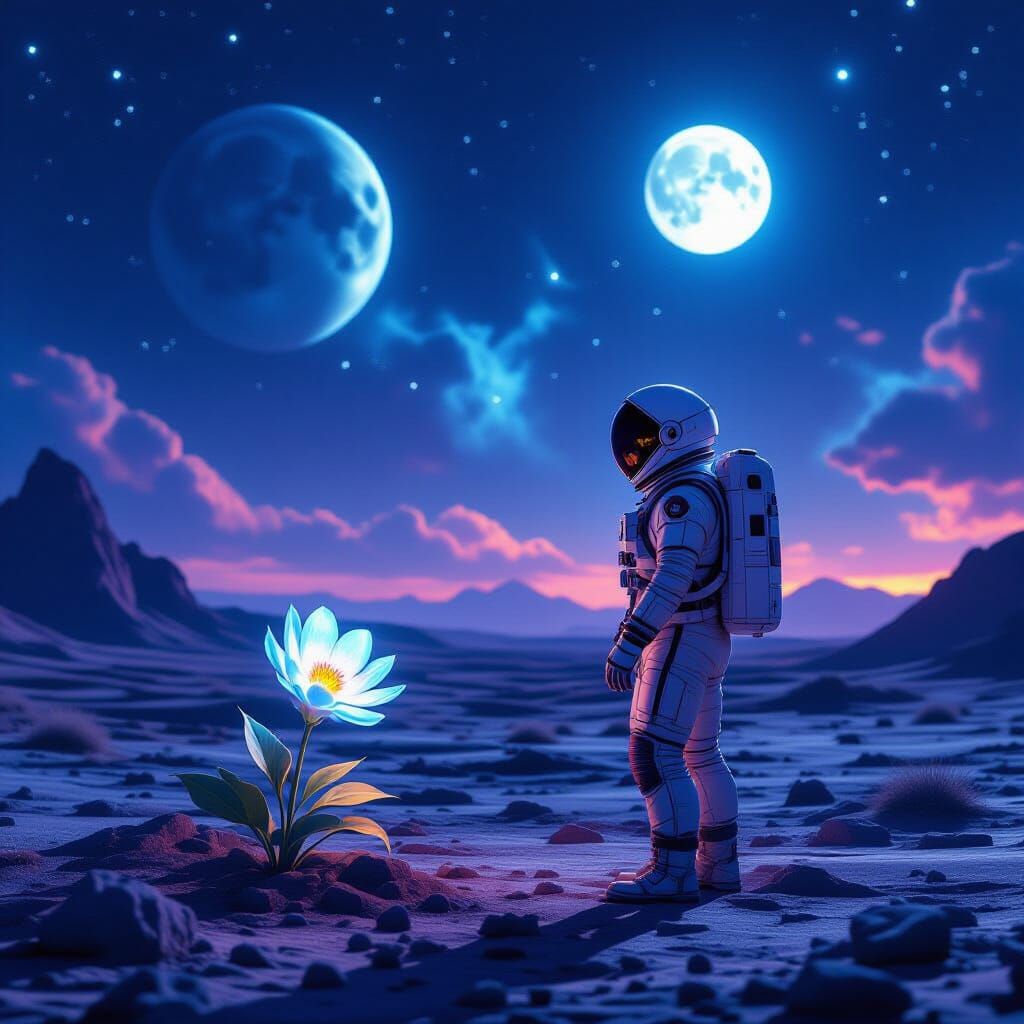 Astronaut on Alien Planet Under Nebula Sky