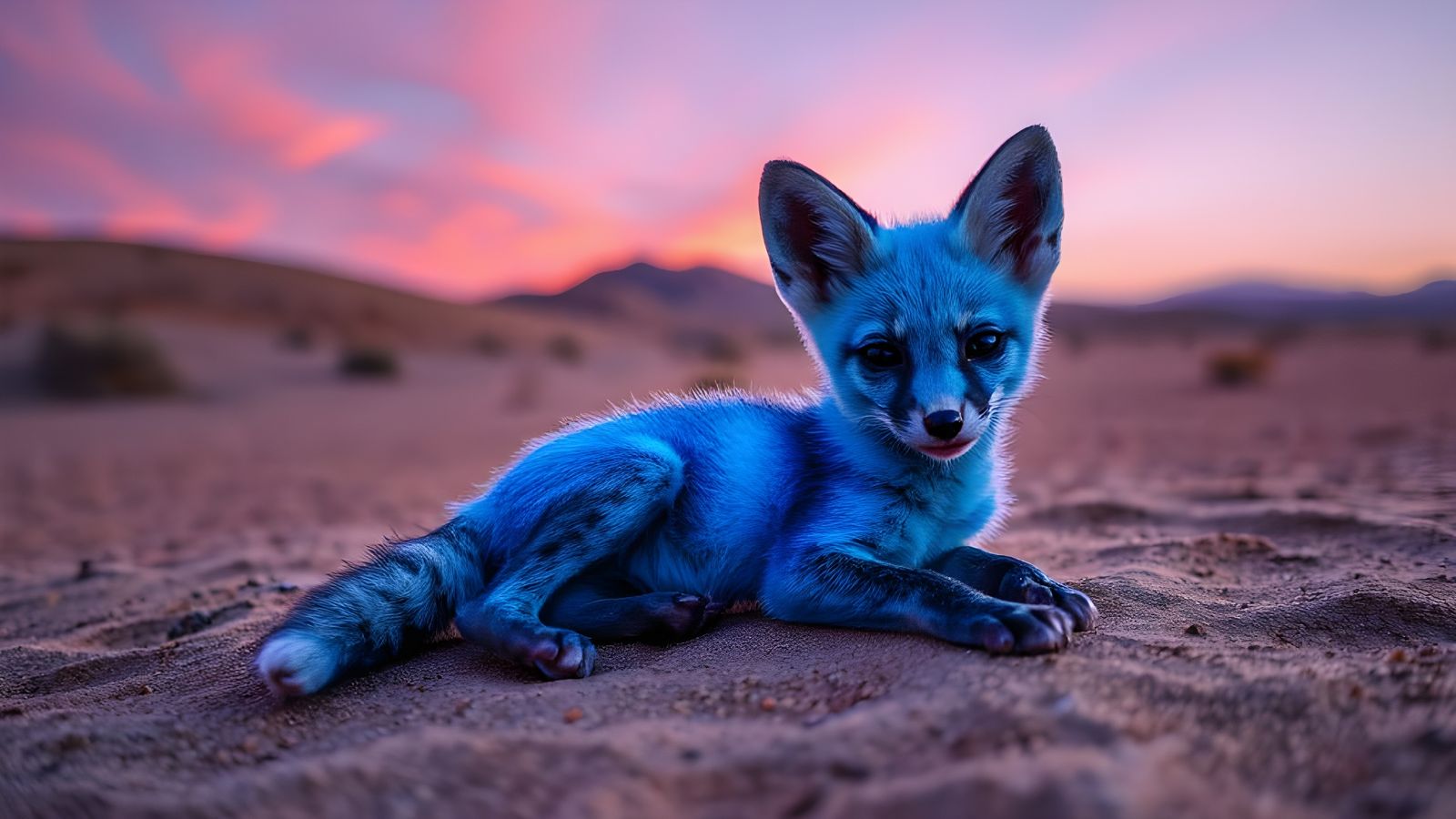 a relaxed baby desert fox dyed blue