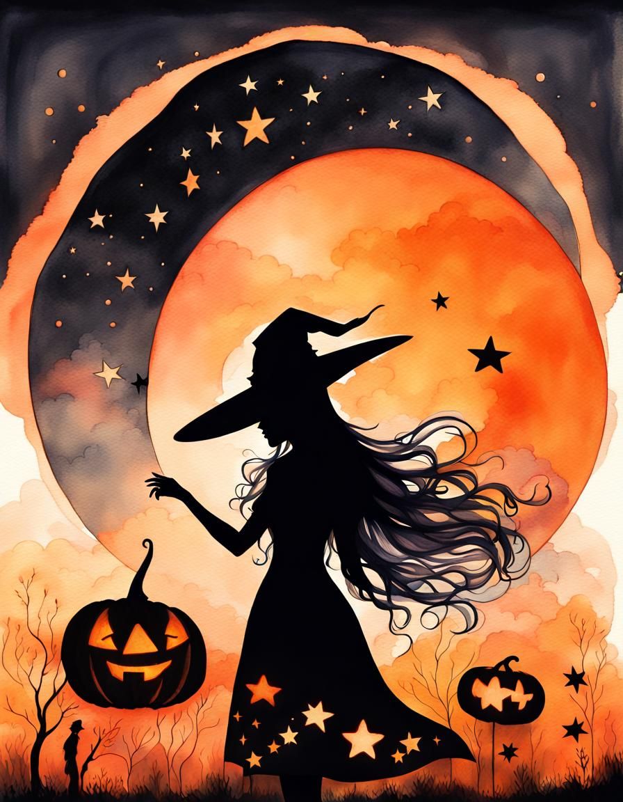 Ethereal Halloween Witch in Orange Sunset Watercolour