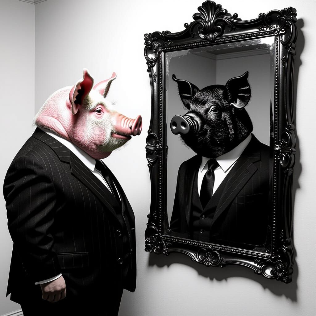 Pig-Headed Man's Mirrored Reflection in Black and White