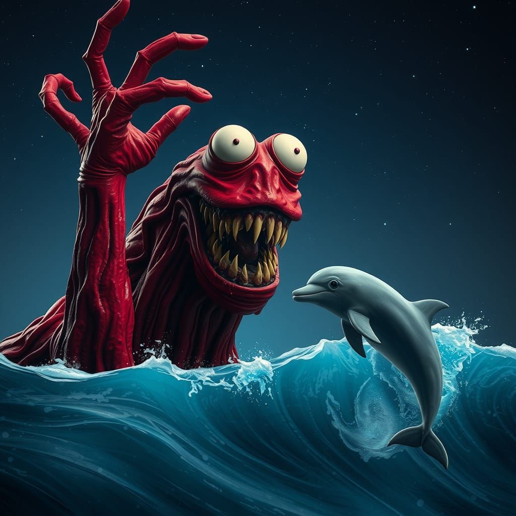 Surreal Clay Creature and Bioluminescent Dolphin