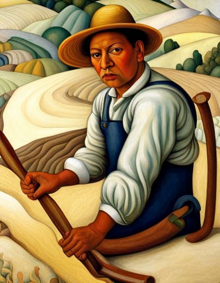 Mexican Countryside Painting in Diego Rivera Style