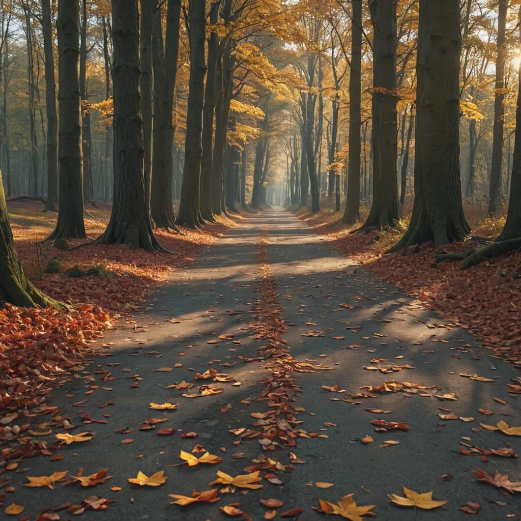 Hyperrealistic Autumn Forest Path at Golden Hour