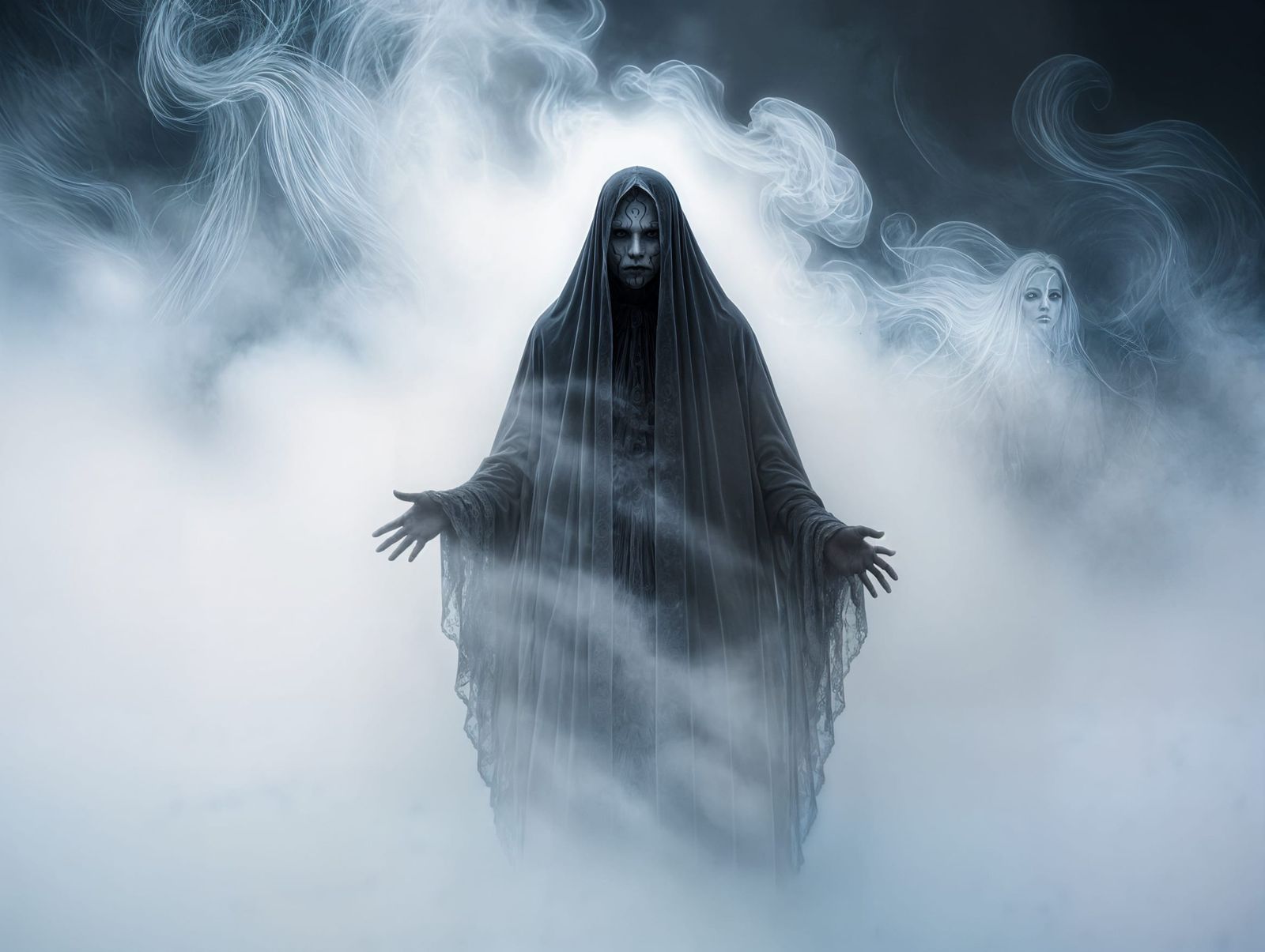 Ethereal Fog-Shrouded Figure in Dark Albino and Light Melani...