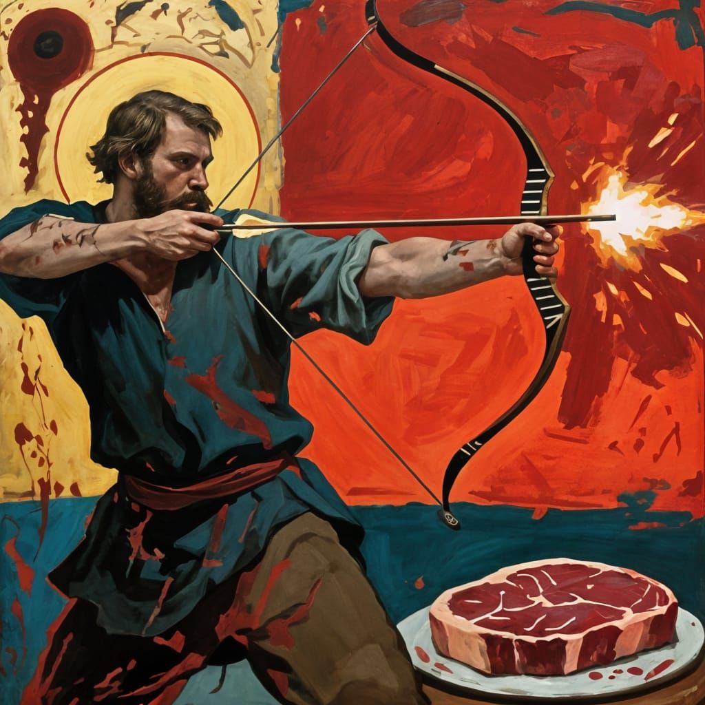 Man Shoots Crossbow at Cutlet in Rublev and Rothko Style
