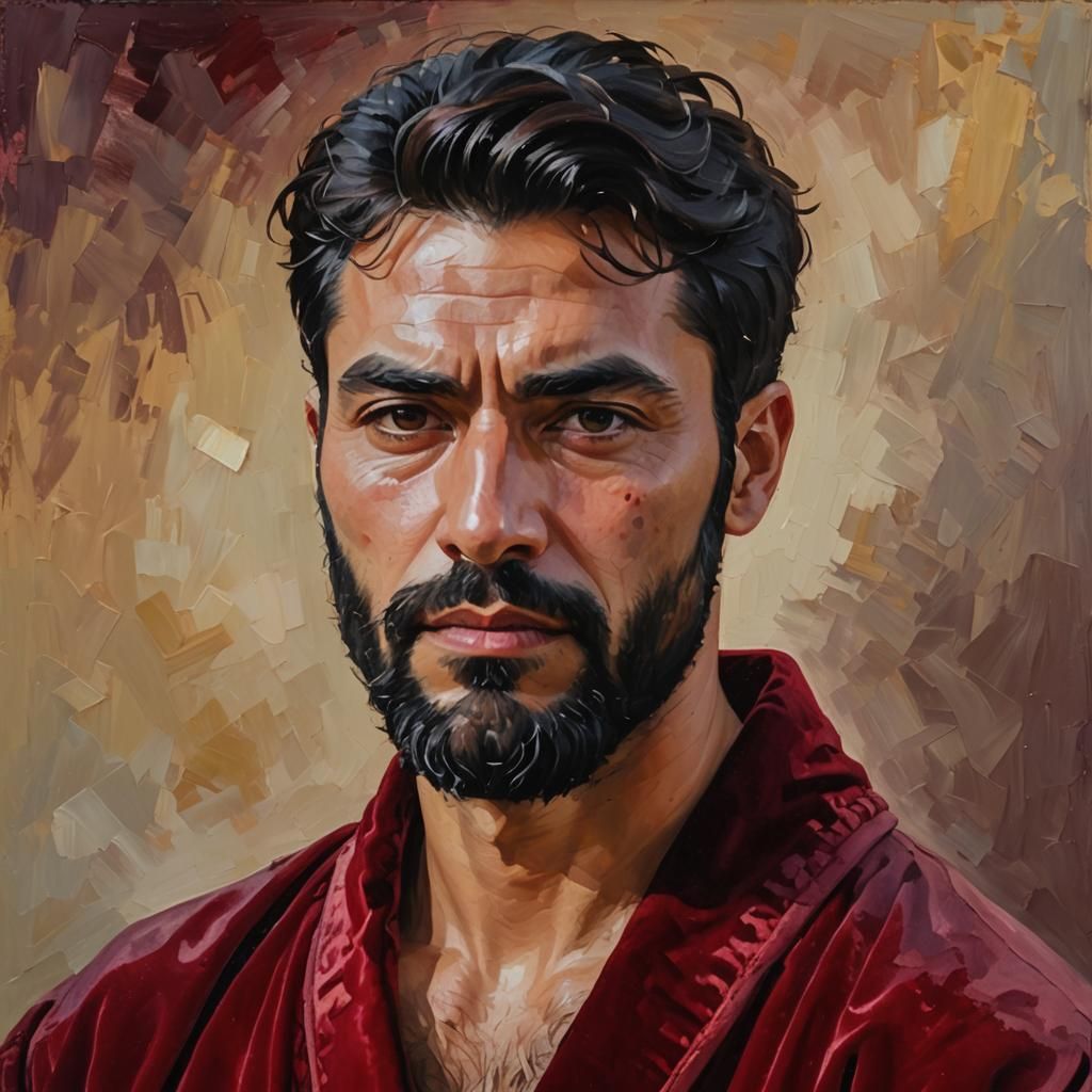Sad Man in Red Bathrobe: Expressionist Impasto Portrait