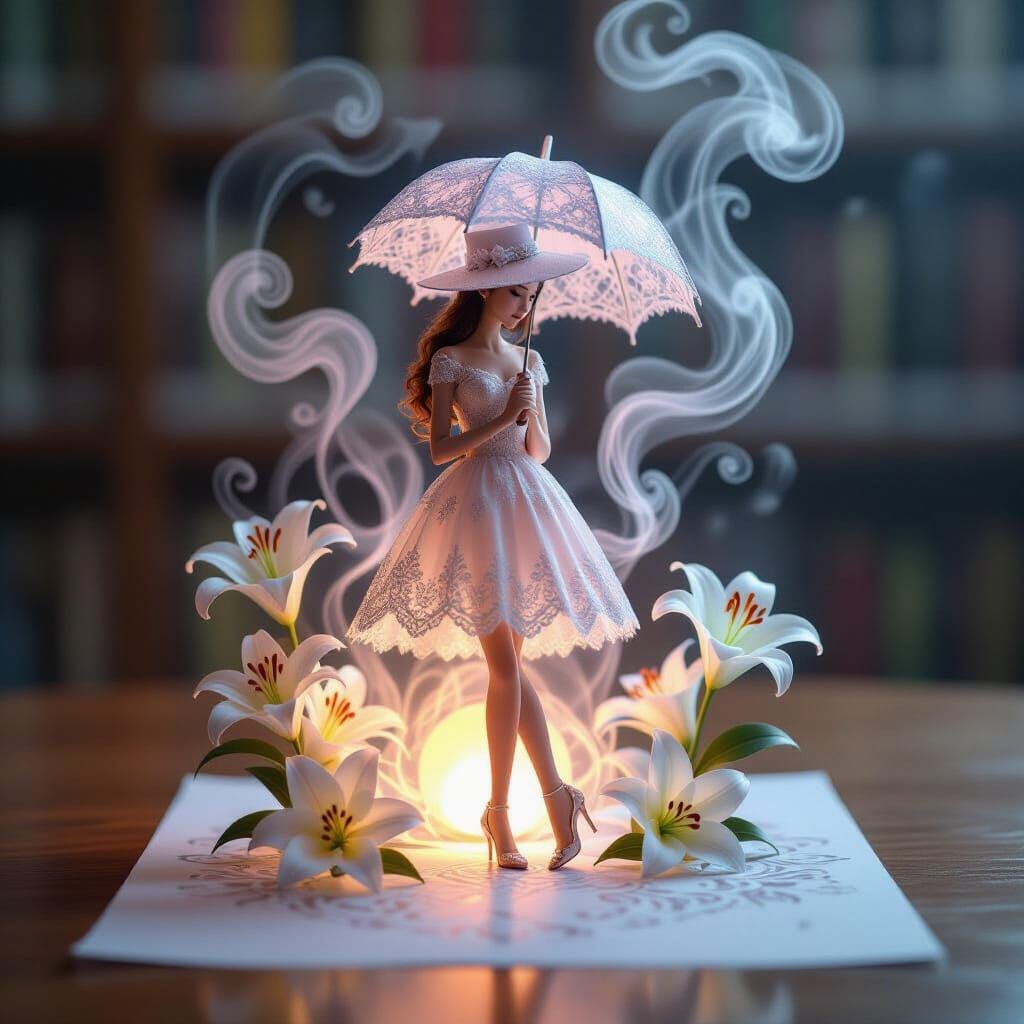 Ethereal Girl with Lilies on Library Table