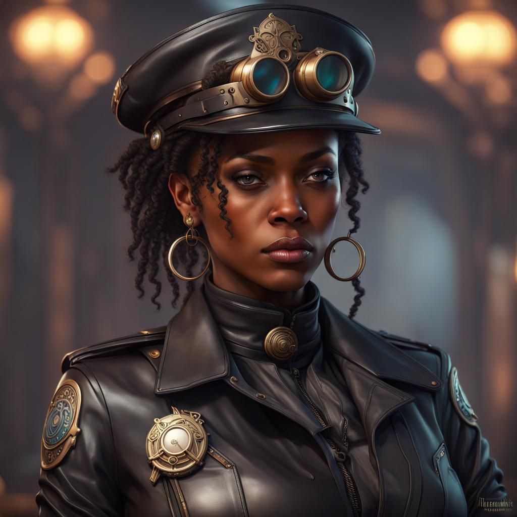 Black steampunk women as cop