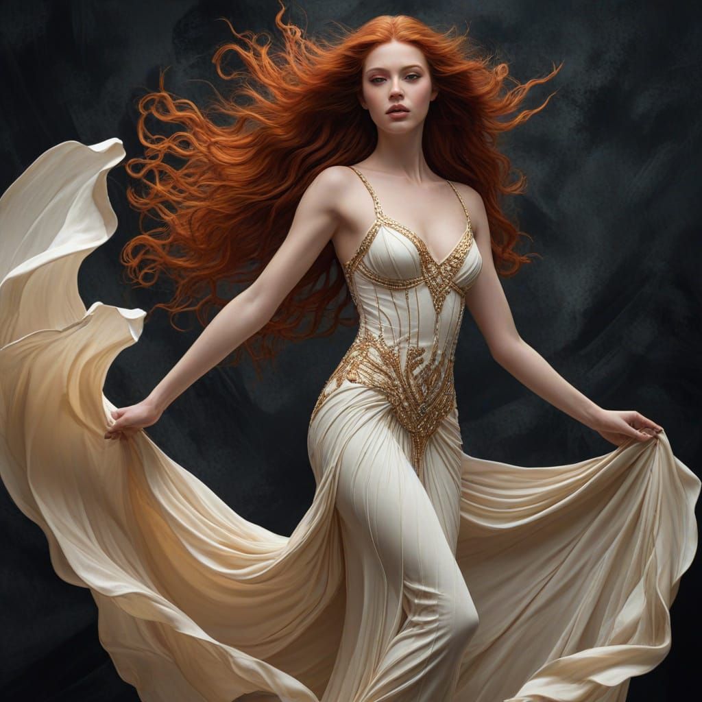 Elegant Woman with Flowing Red Hair in Art Deco Style