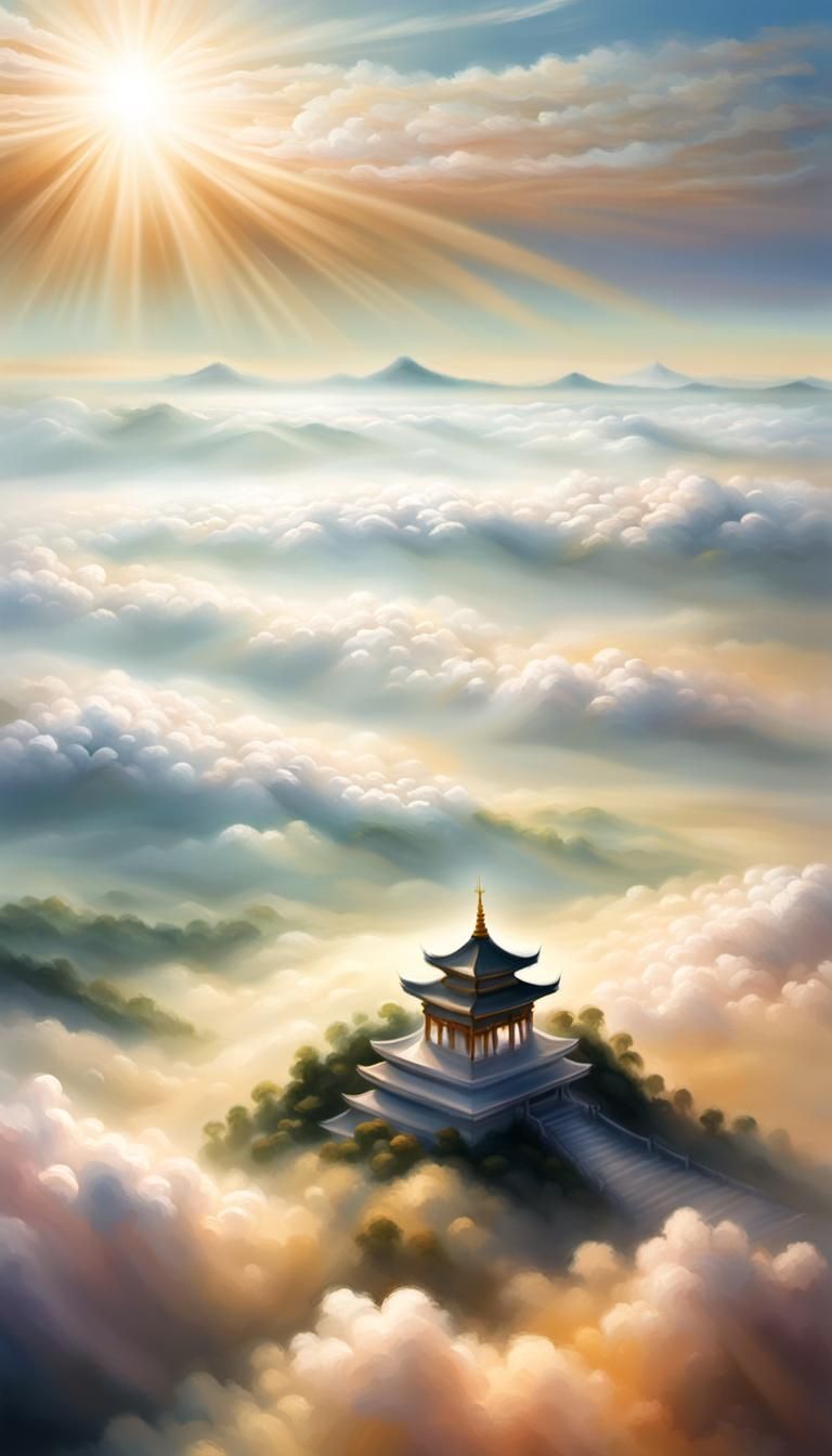 Ethereal Temple in the Clouds: Oil Painting Style