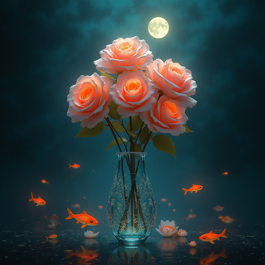 Glowing Roses and Moons in Glass Vase