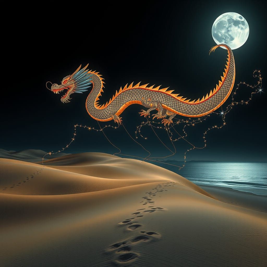 Moonlit Dragon Kite Soars Above Brittany's Dunes