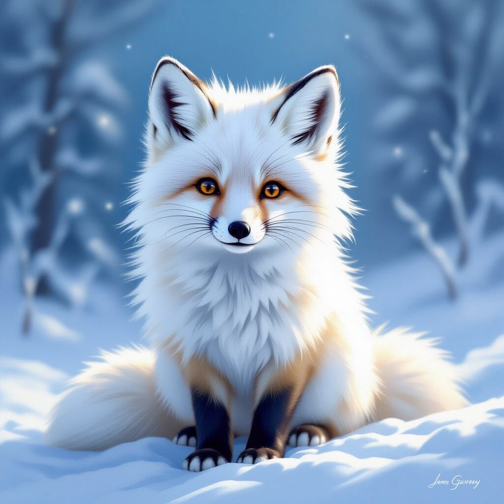 Arctic Fox in Snowy Landscape: Textured Oil Painting