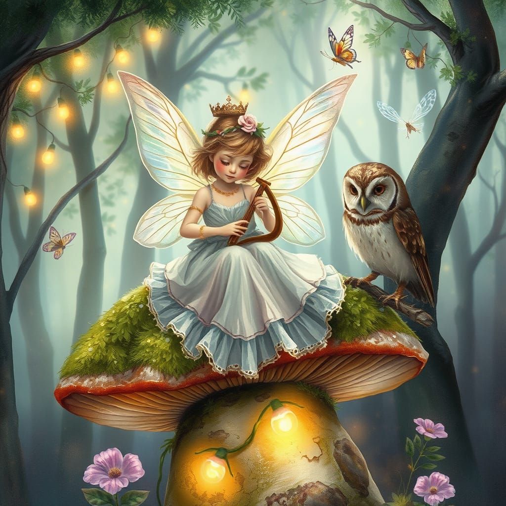 Fairy and Owl Harp Serenade in Watercolor Style