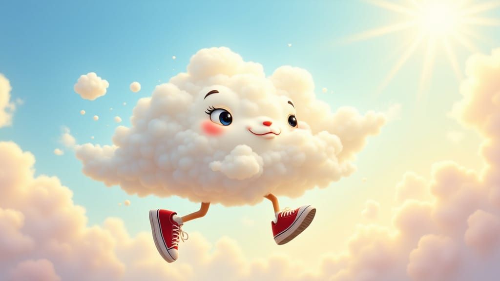 Whimsical Cloud Character Rushing to Work in Sneakers