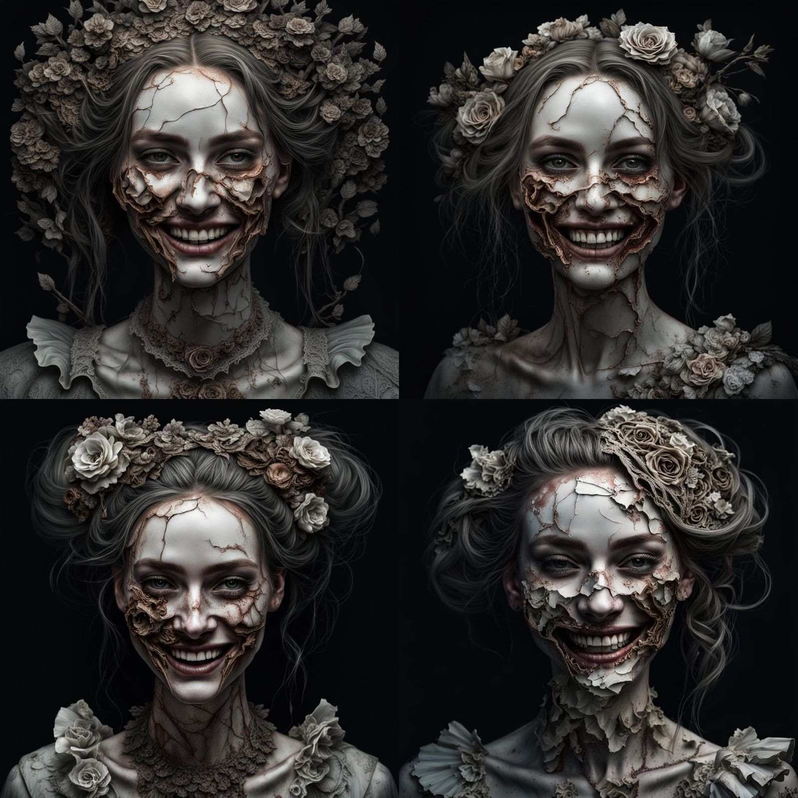 Surreal Decayed Porcelain Girl Portrait in Photographic Styl...