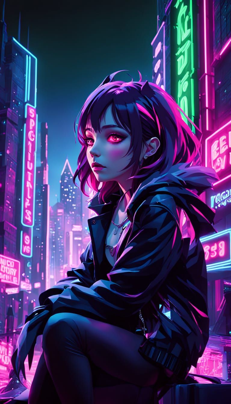 Futuristic Vampire Girl Under Neon City Lights