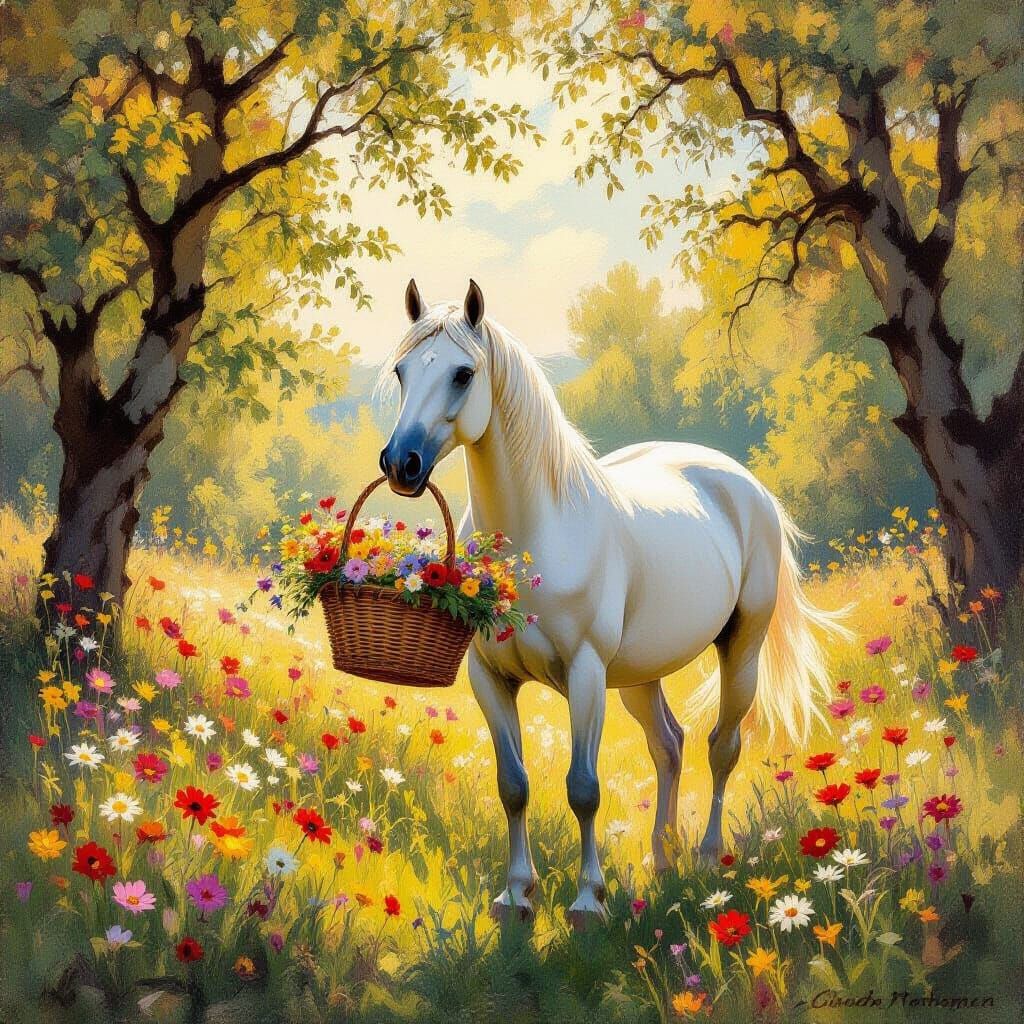 Majestic Horse with Wildflower Basket in Sunlit Meadow