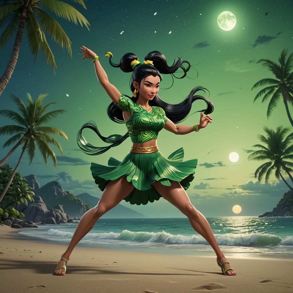 Asian Woman Dancing on Beach at Night in 3D