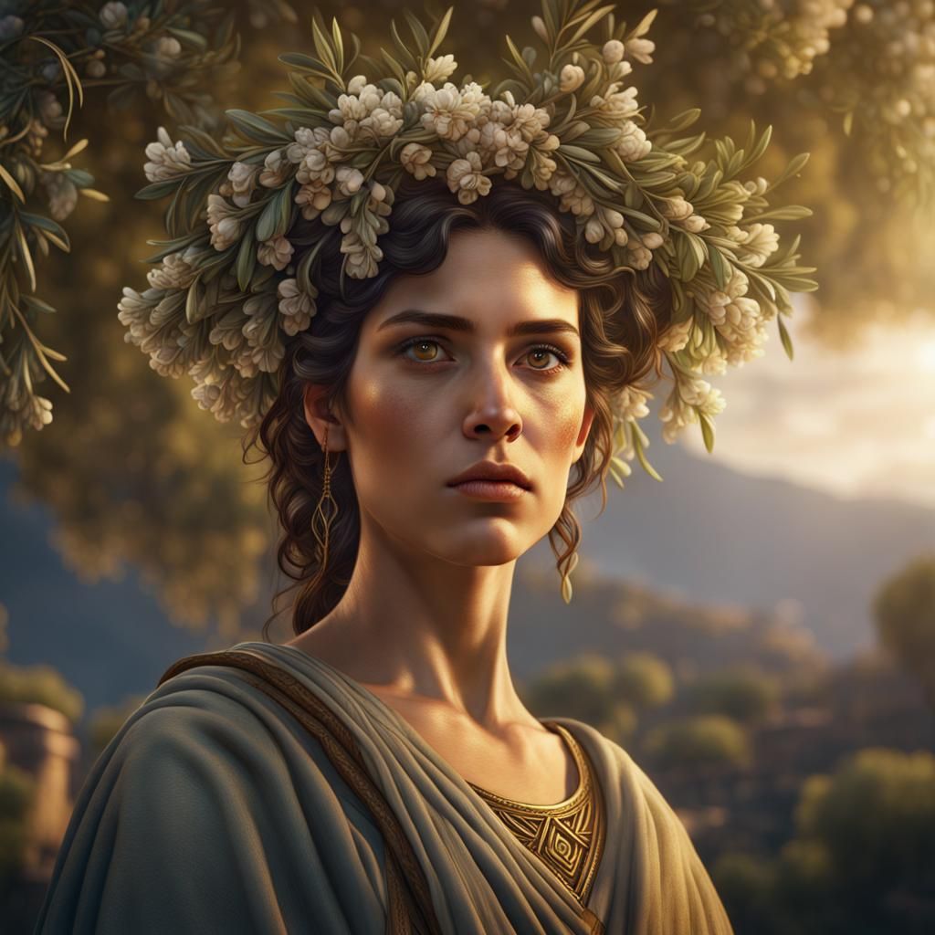 Greek Woman with Olive-Tree Flowers, Detailed Matte Painting
