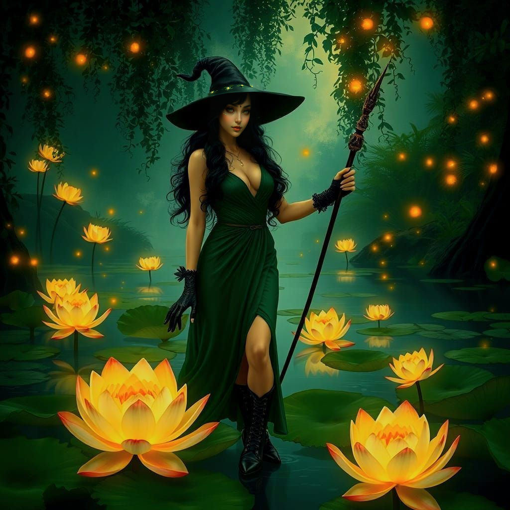 Serene Pond Scene with Glowing Lotus Flowers and Enchanted W...