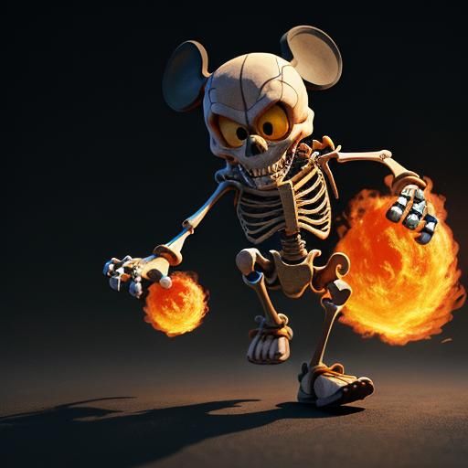 Fiery Mickey Mouse Skeleton: Pixar-Style 3D Art