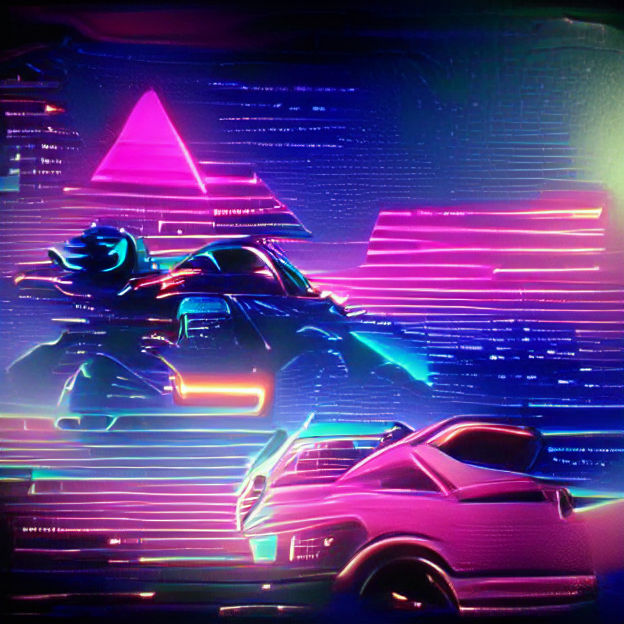 Vibrant Retrowave Scene with Neon and Geometric Shapes