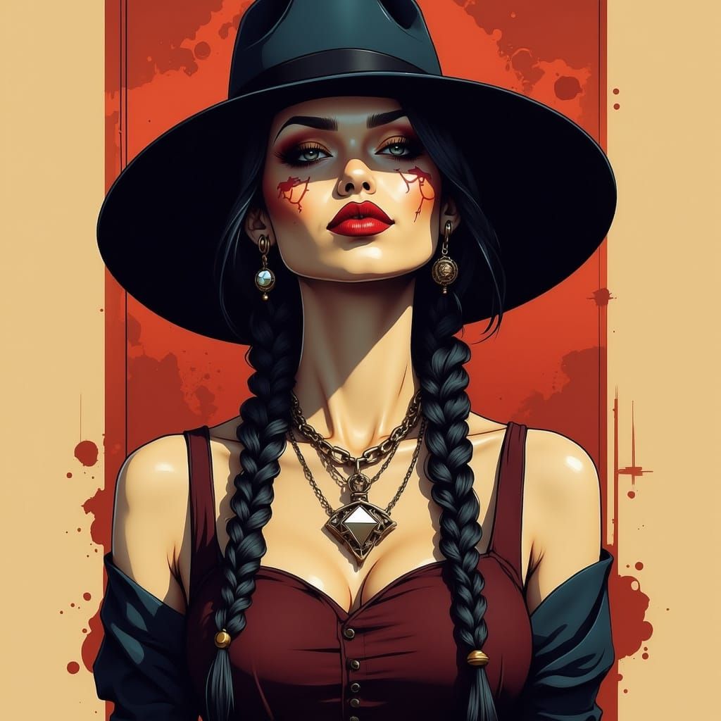 Woman in Fedora with Geometric Necklace, Vector Art