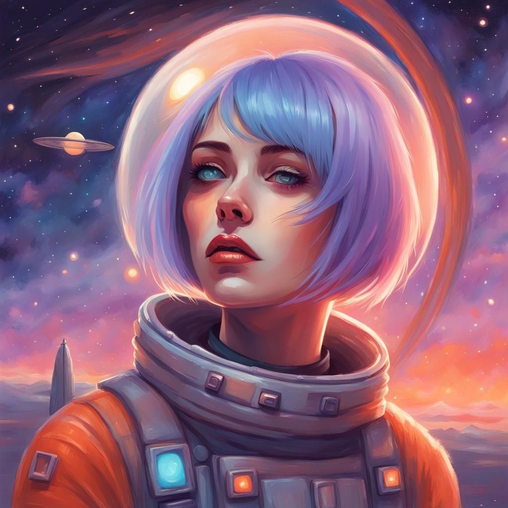 Sad Spacegirl in Starship with Pastel Sunset