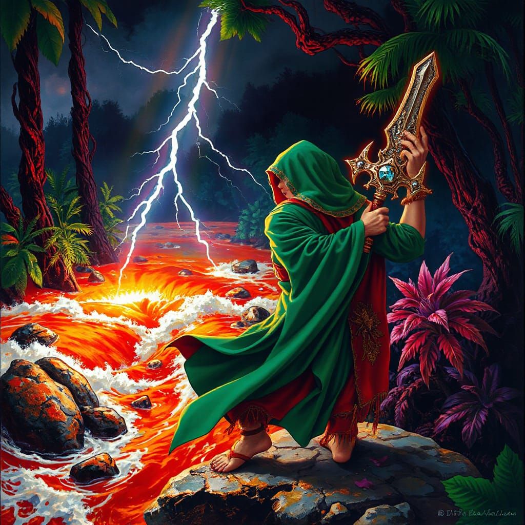 Mystical Warrior in Emerald Green Robe Stands at River's Edg...