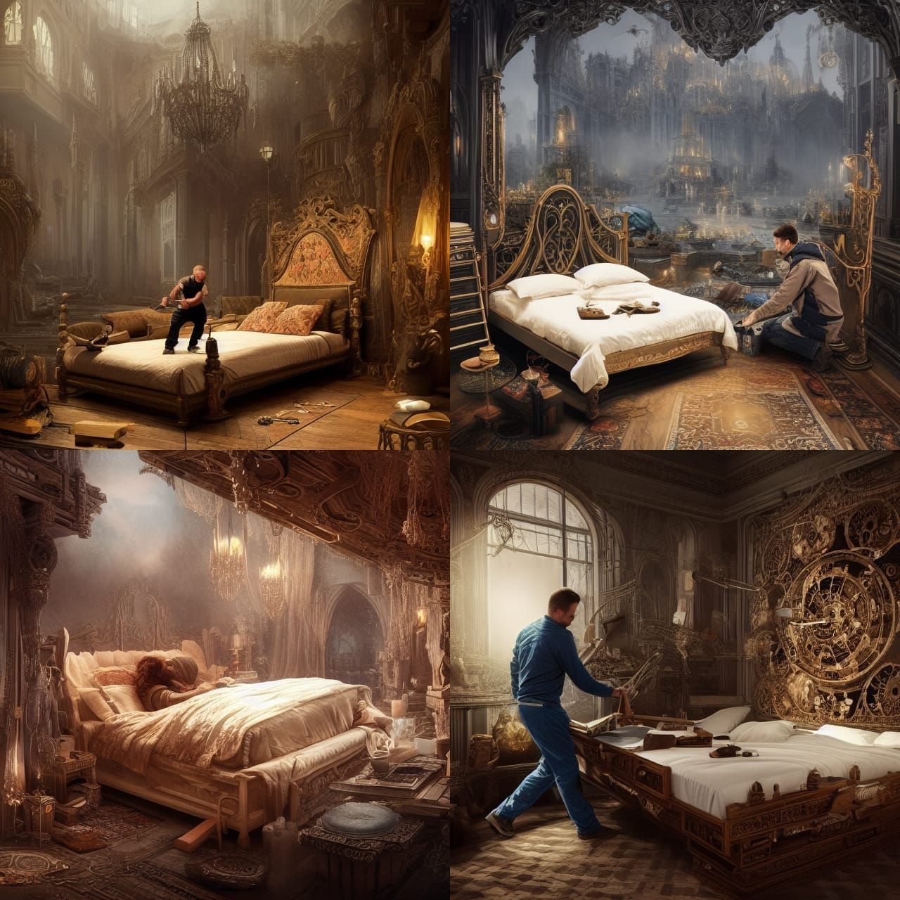 Handyman Assembling Bed: Epic Cinematic Digital Art
