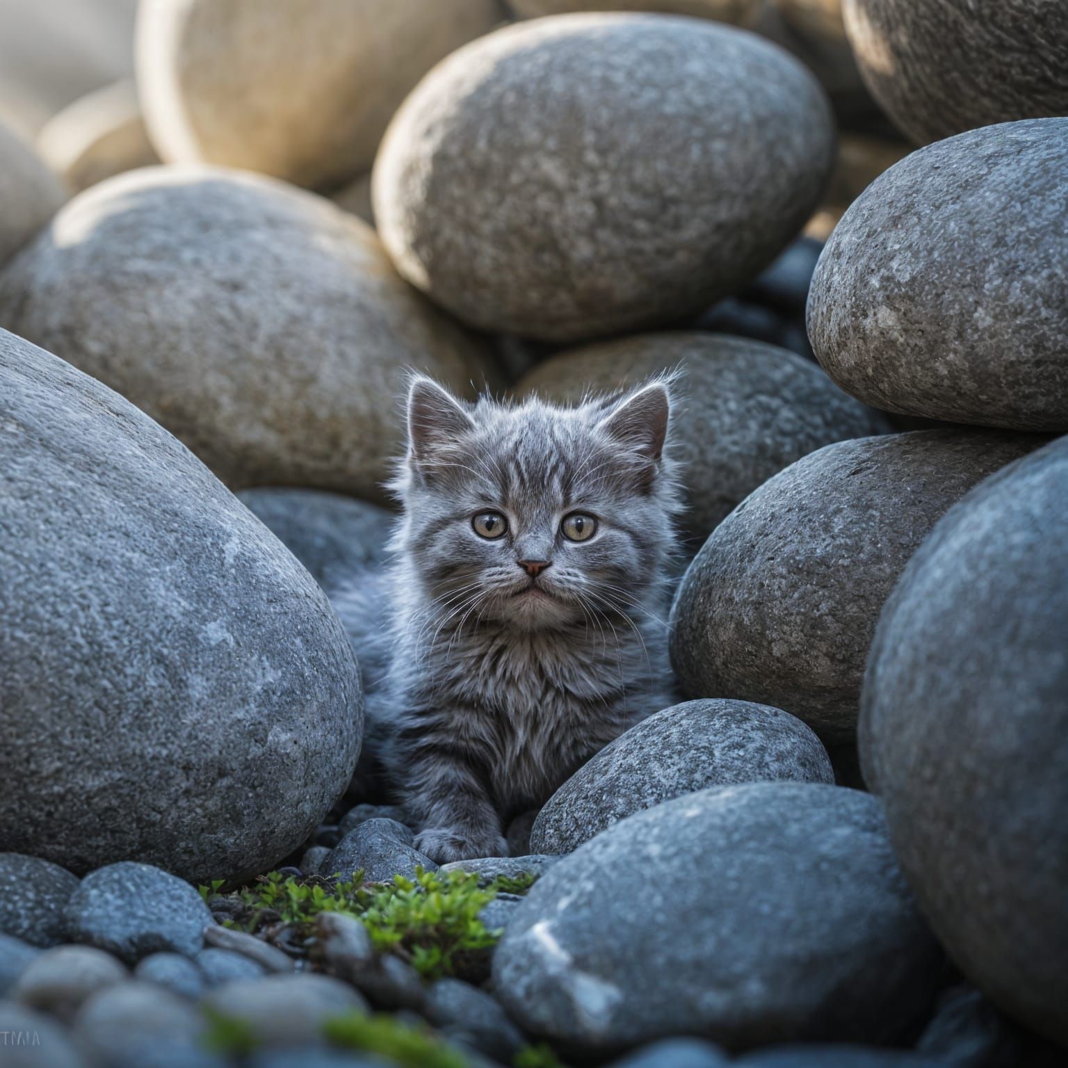 Grey Kitten Camouflaged Among Grey Rocks