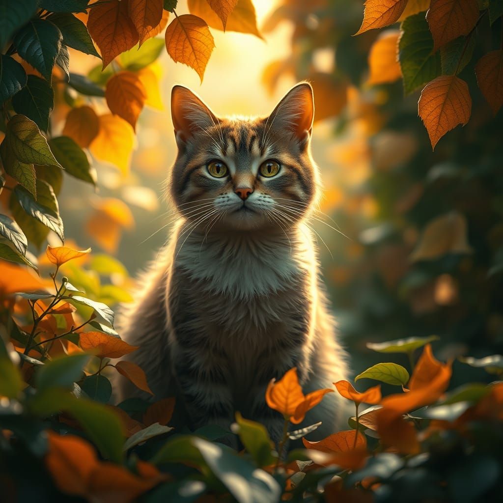 Cat in Autumnal Garden, Matte Painting Style