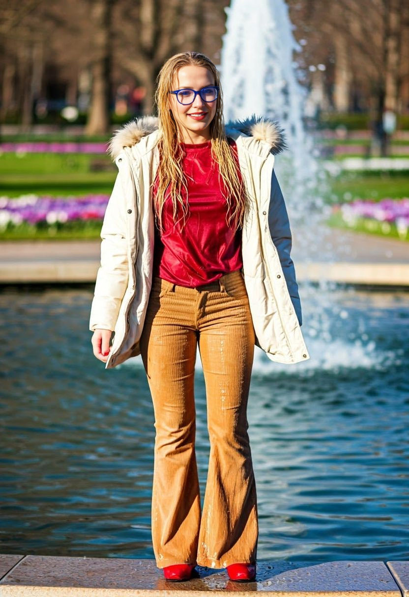 Sultry Blonde Smirks by the Park Fountain in Spring