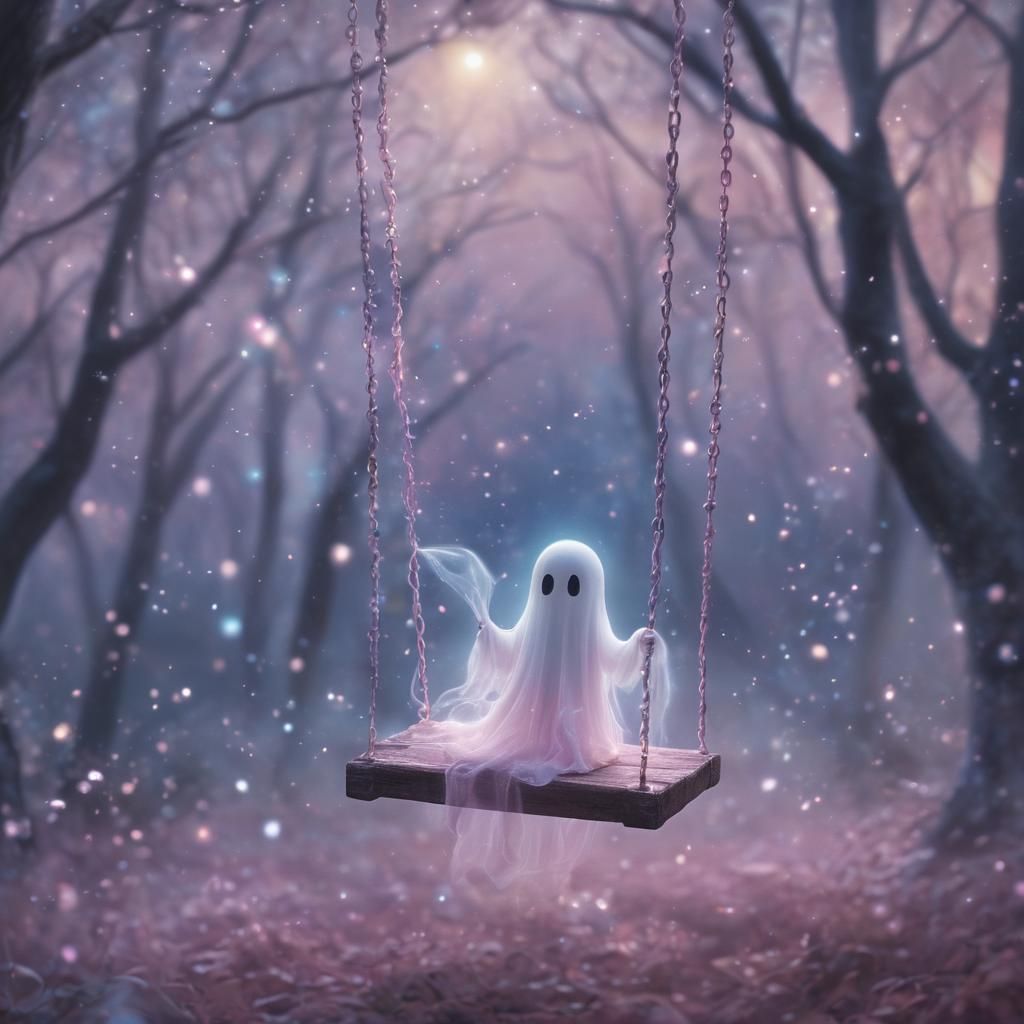 Ghost on a Swing in Mystical Forest, Pastel Art