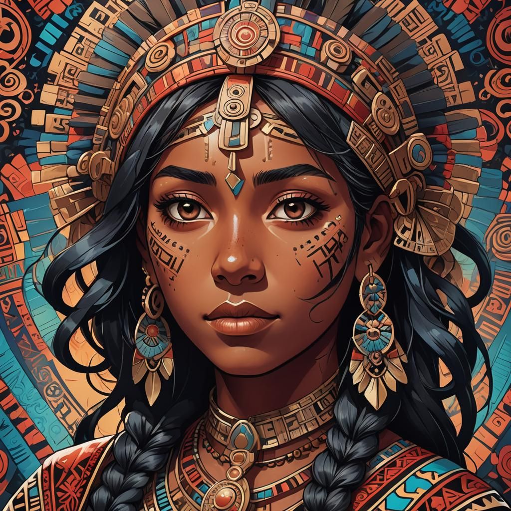 Manga-Inspired Aztec Goddess Close-Up Portrait in Vibrant Co...