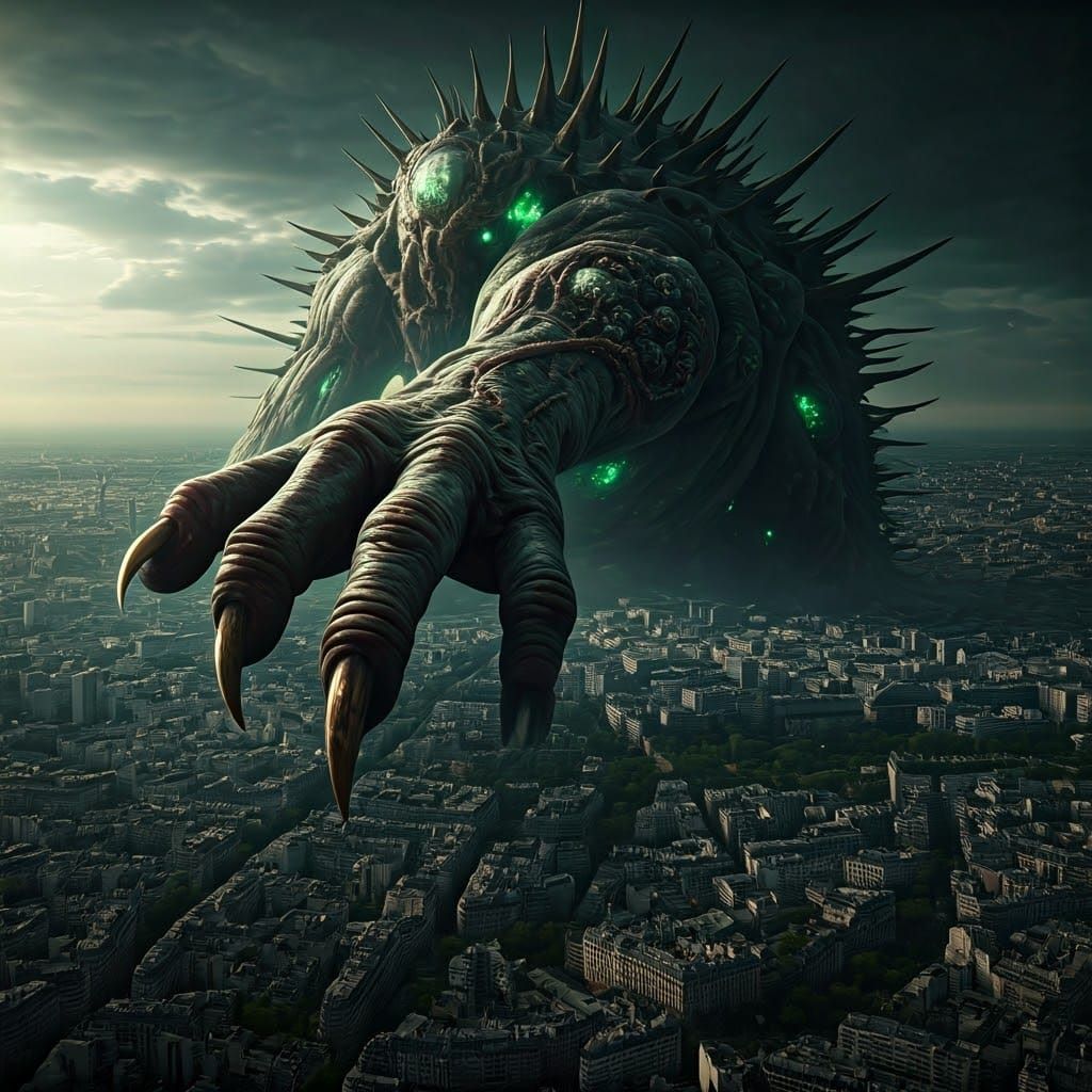 Colossal Monster Devouring Paris in Apocalyptic Vision