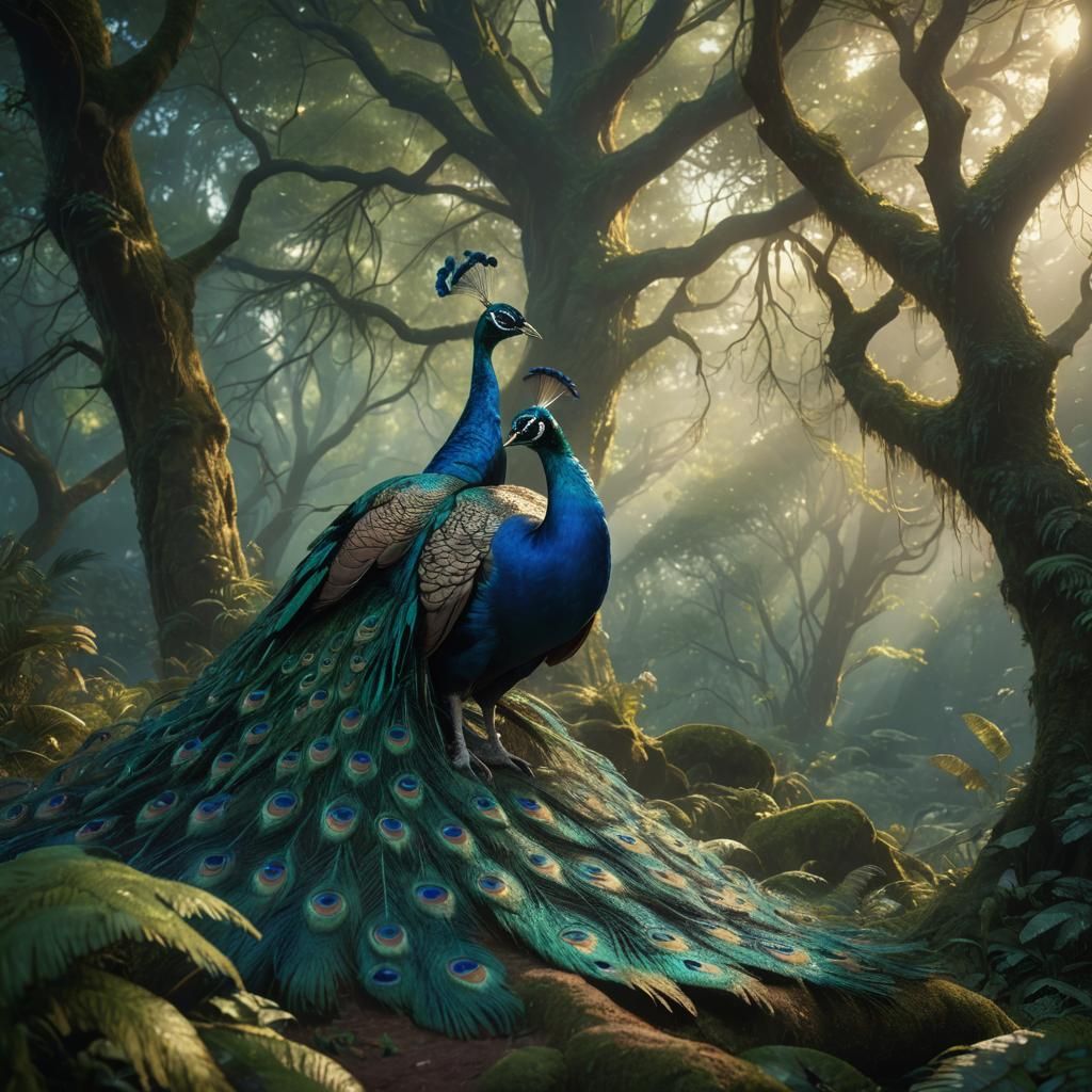 Majestic Peacock in Mystical Forest: Digital Art