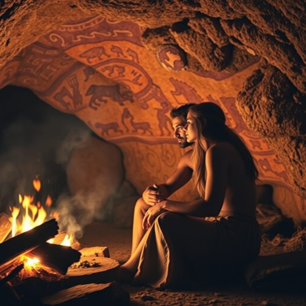 Prehistoric Couple by Fire in Cave with Paintings