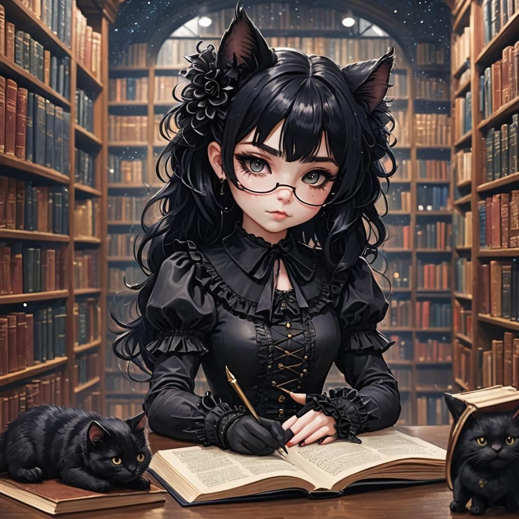 Goth Cat-Girl Writes in Library, Dark Academia Style