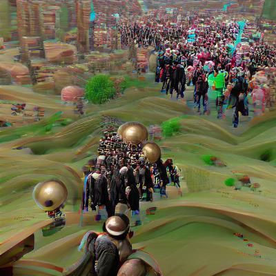 Steampunk Crowd Marches Forward in Dreamlike 3D