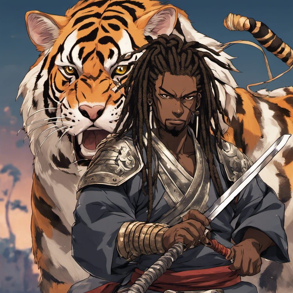 African Samurai with Katana in Anime Style