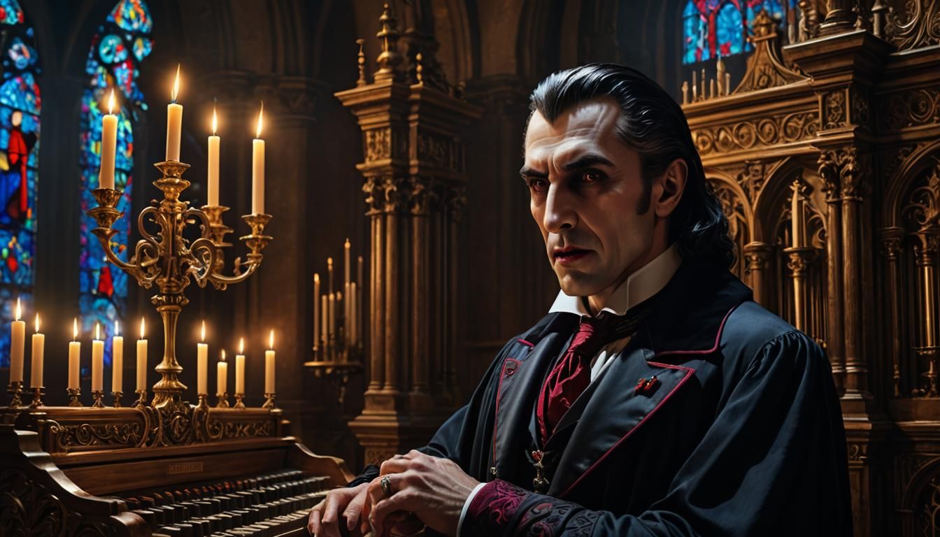 Dracula at Church Organ: Hyperrealistic Dark Fantasy Art