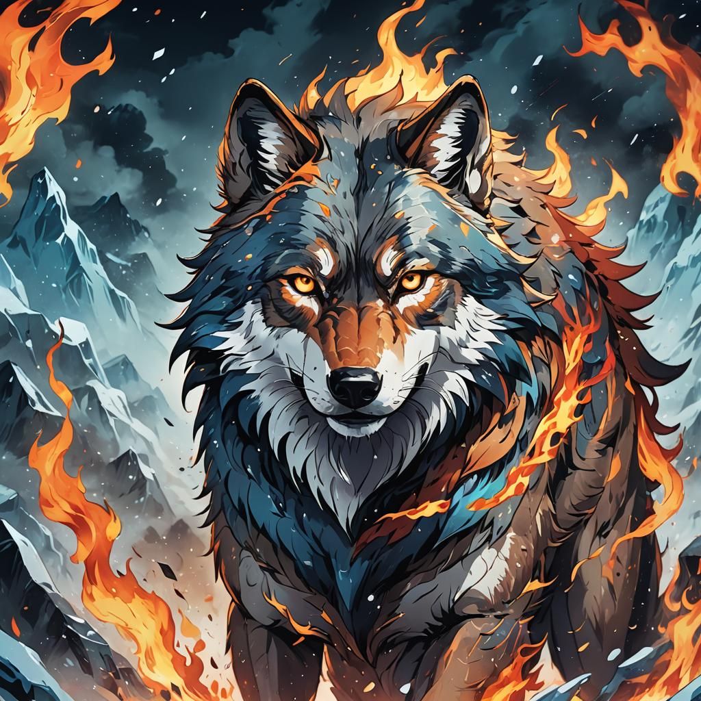Fiery Ice Wolf in Anime Style