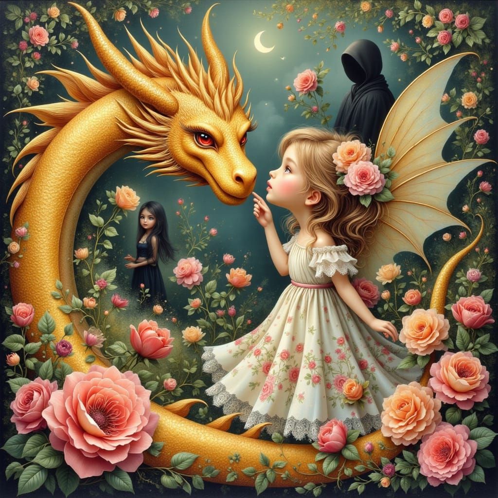 Girl and Golden Dragon in Dreamy Rose Garden