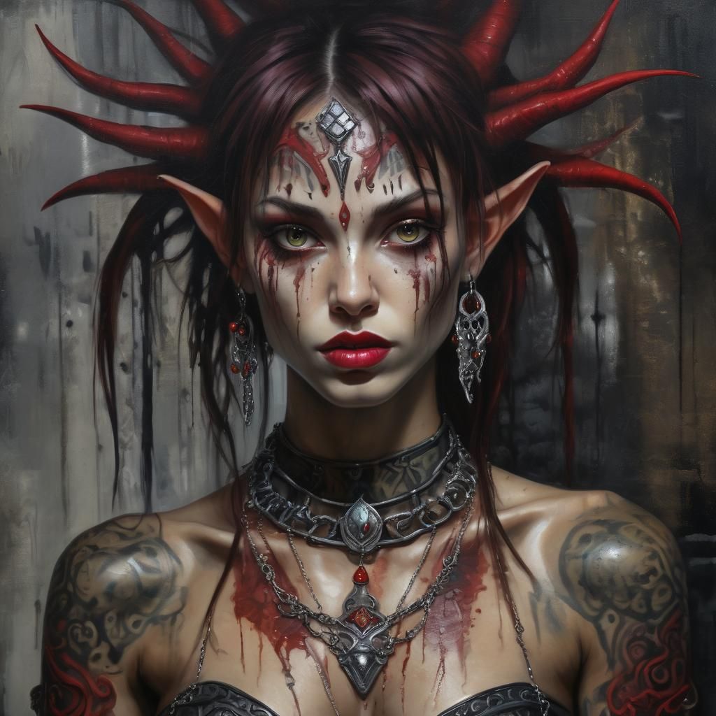 A dark fantasy style graffiti of an alien Elf hybrid being, ...